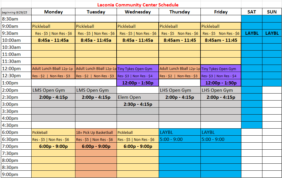 Community Center Schedule Fall and Winter of 2024